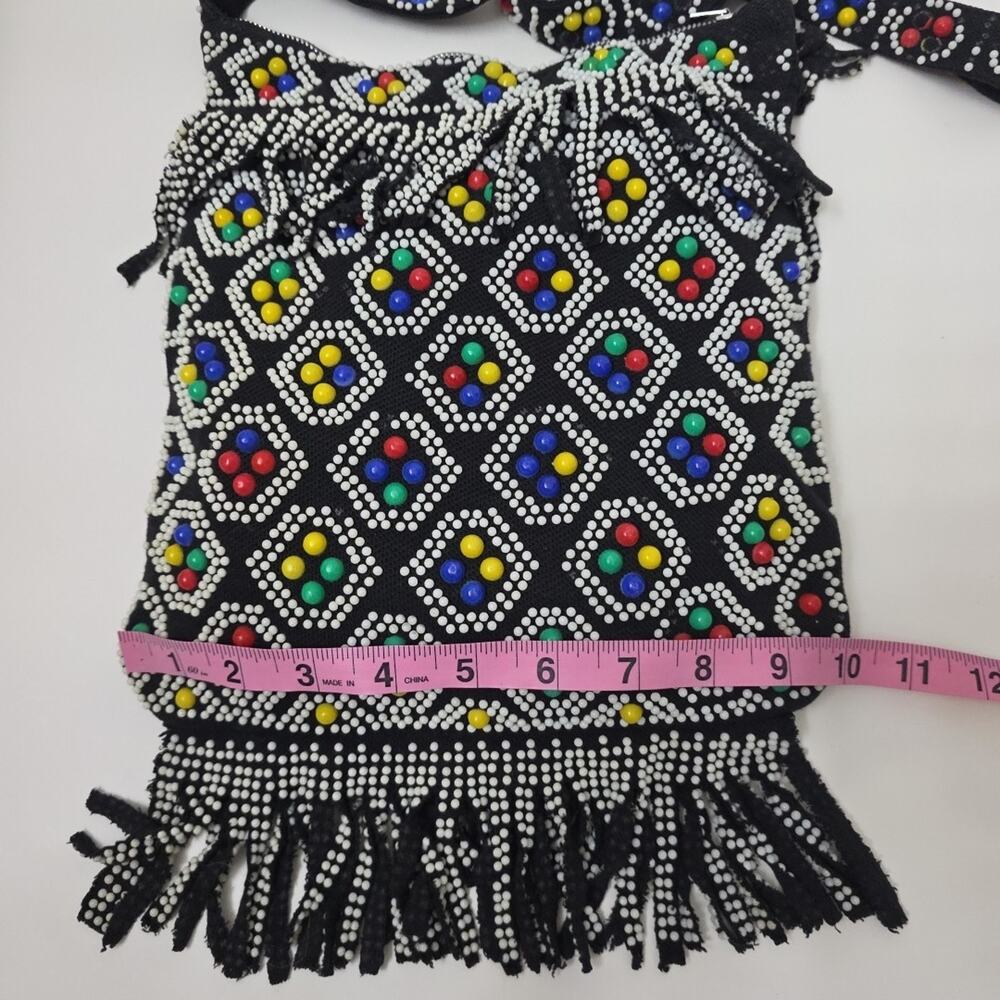 Vintage Beaded Candy Dot Purse Shoulder Bag Fringe Zipper Black Hippie Boho - Picture 9 of 12